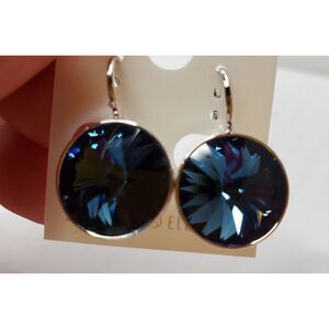 Swarovski Element earrings L. ‎ Navy Round. NWT. Minimalist. Dangle. Career